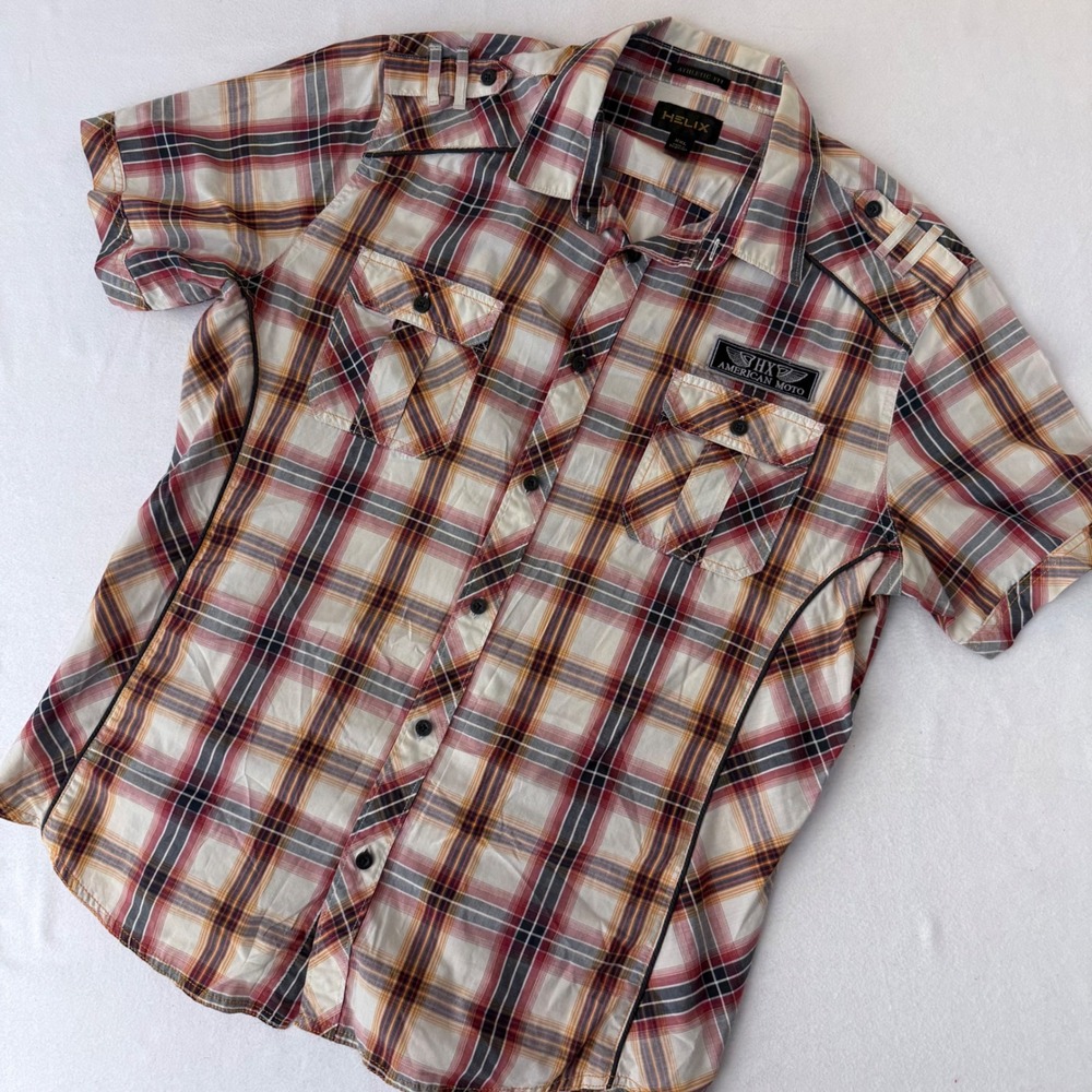 Helix American Moto Mens XXL Red Plaid Short Sleeve Athletic Fit Button Up Shirt